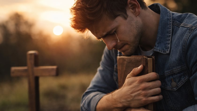 Homem de jaqueta jeans ajoelhado abraça um livro junto ao peito, perto de uma cruz de madeira.