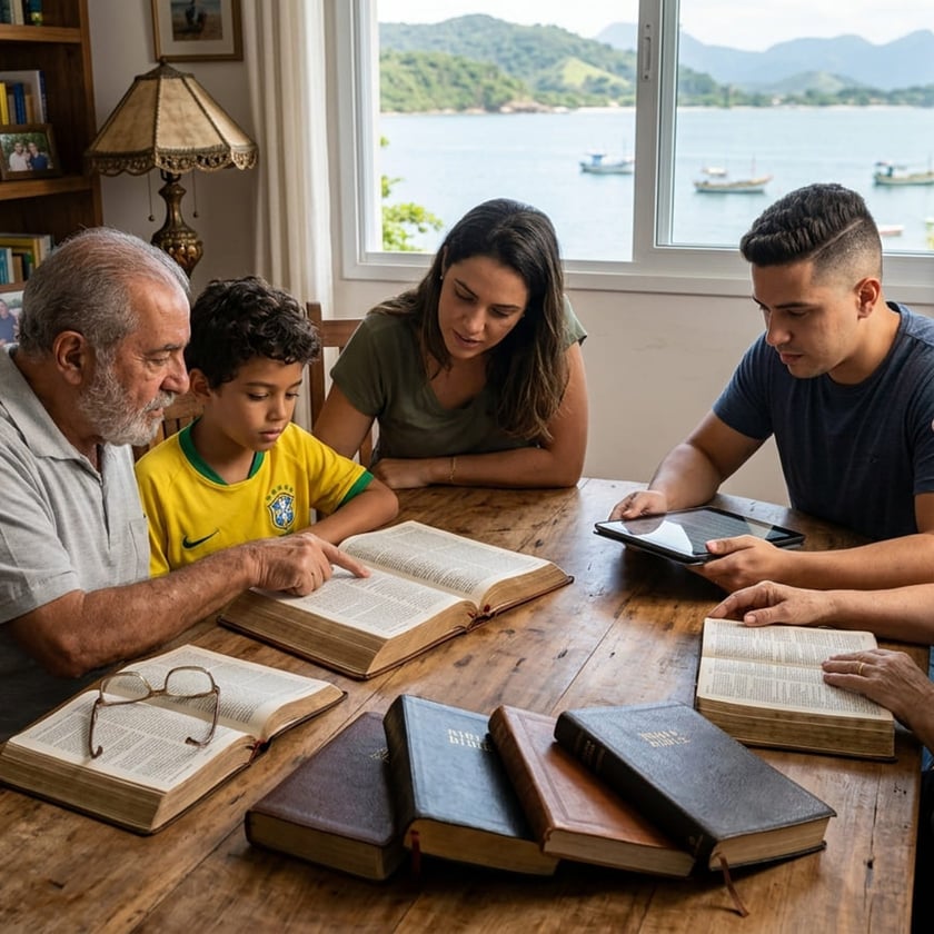 Família de várias idades lê Bíblias em volta de uma mesa de madeira, com baía ao fundo.