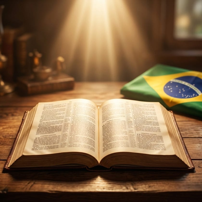 Bíblia aberta sobre mesa de madeira, ao lado de uma bandeira do Brasil dobrada.