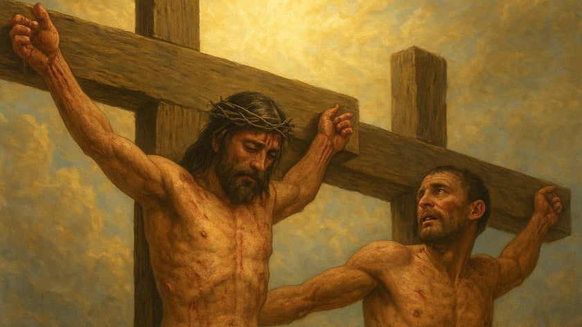 Dois homens seminus crucificados em cruzes de madeira; um tem coroa de espinhos e o outro olha