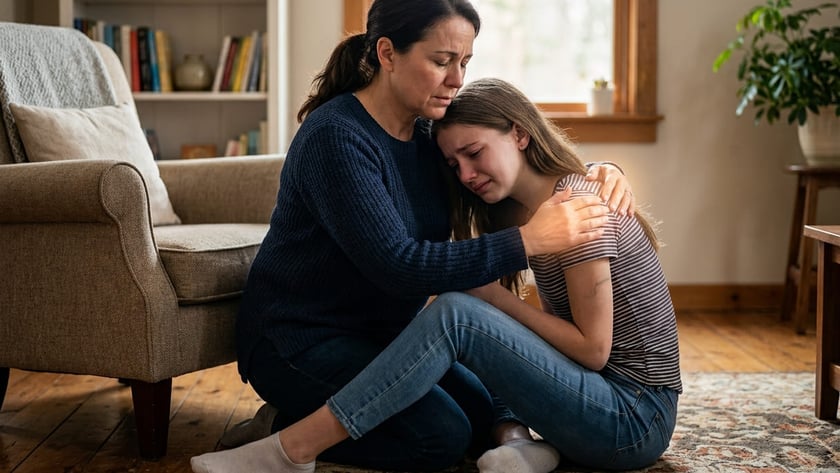 Mulher sentada no chão da sala abraça uma adolescente que chora.