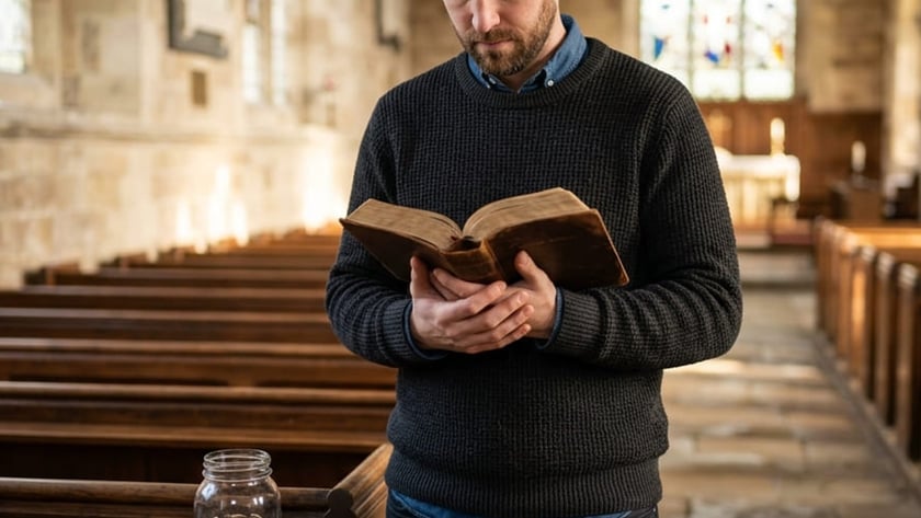 Homem de barba lê uma Bíblia antiga em uma igreja, ao lado de um pote de moedas.