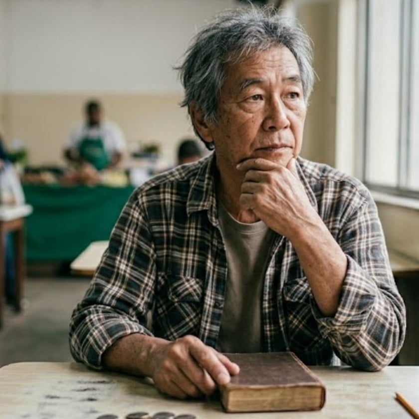 Homem idoso de camisa xadrez, sentado à mesa com um livro, olha pela janela.