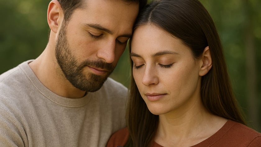 Homem e mulher de olhos fechados, encostando as testas, seguram uma Bíblia ao ar livre: "HOLY BIBLE"