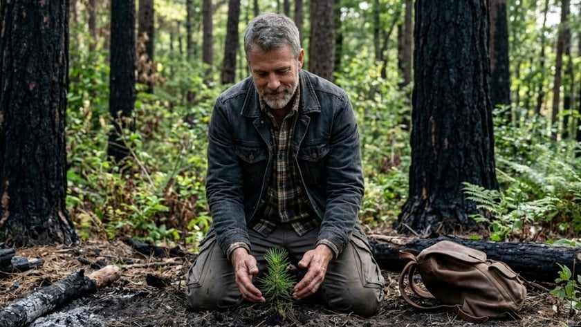 Homem grisalho ajoelhado toca um pequeno pinheiro brotando numa floresta com troncos queimados.