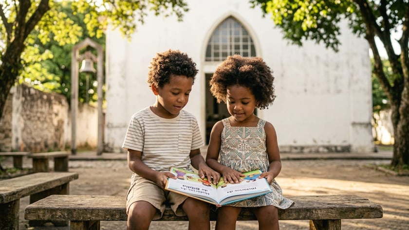 Dois irmãos sentados num banco leem juntos um livro, diante de uma igreja branca.