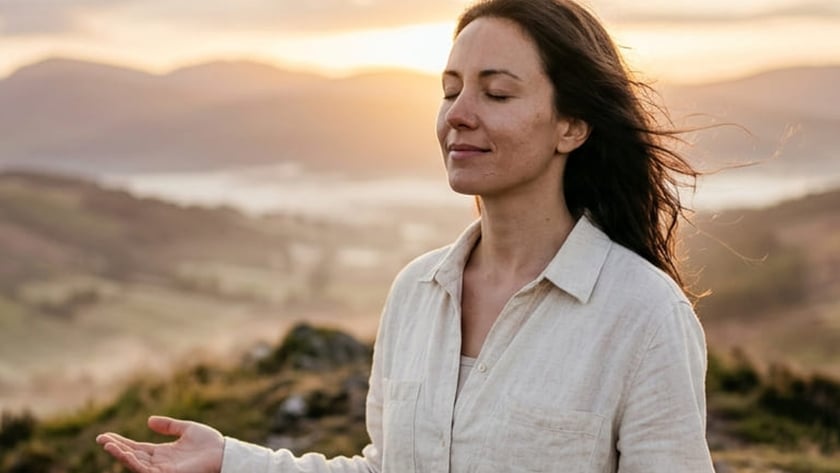 Mulher de olhos fechados e braços abertos em um morro com montanhas ao fundo.