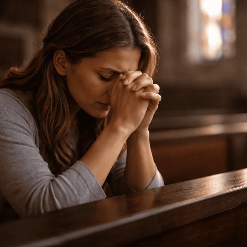 Mulher de cabelos castanhos com as mãos unidas junto à testa, orando em um banco de igreja.