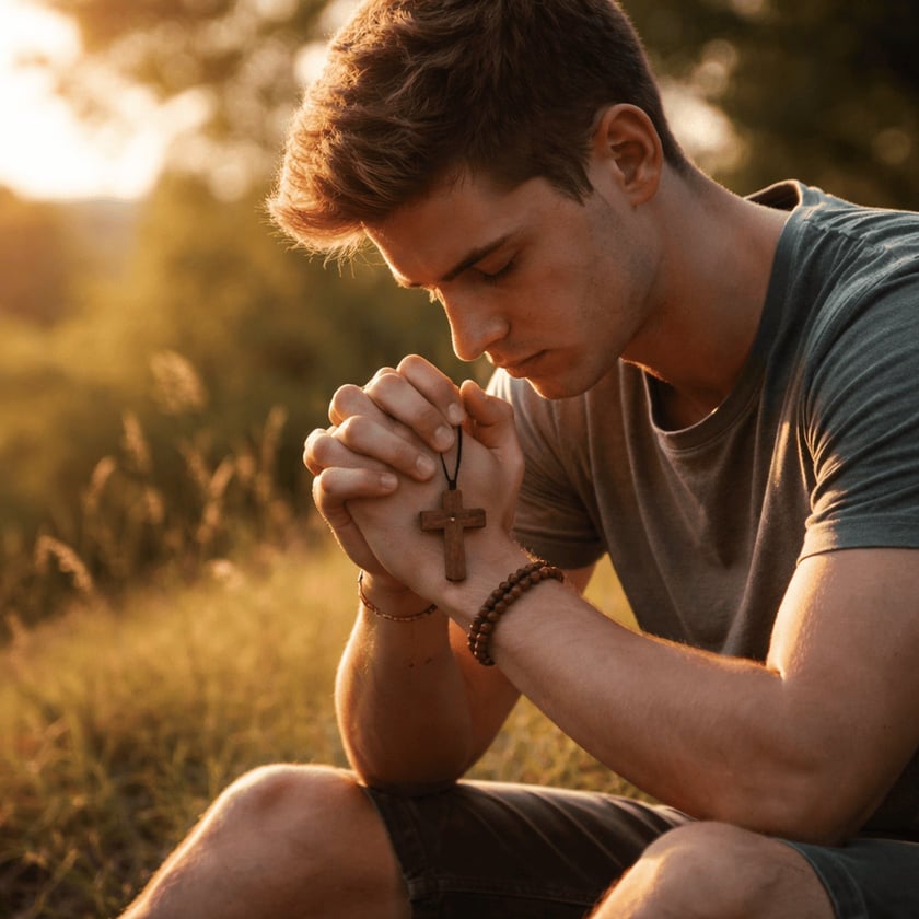 Jovem sentado na grama, de olhos fechados, com as mãos postas segurando uma cruz de madeira.