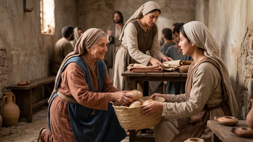 Duas mulheres ajoelhadas trocam pães em uma cesta, em um cômodo antigo de pedra.