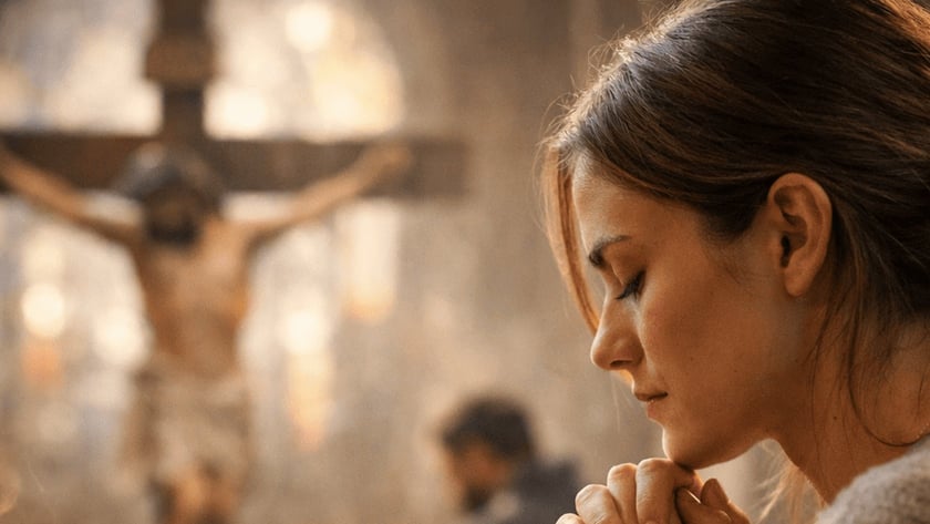 Mulher de olhos fechados e mãos juntas reza diante de um crucifixo