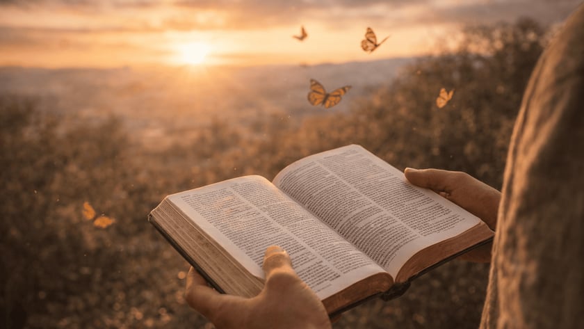 Pessoa segura uma Bíblia aberta ao pôr do sol, com borboletas voando ao redor.