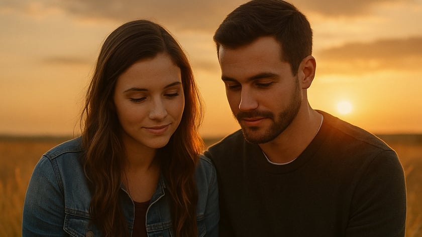 Homem e mulher sentados lado a lado em um campo, lendo juntos um livro aberto.