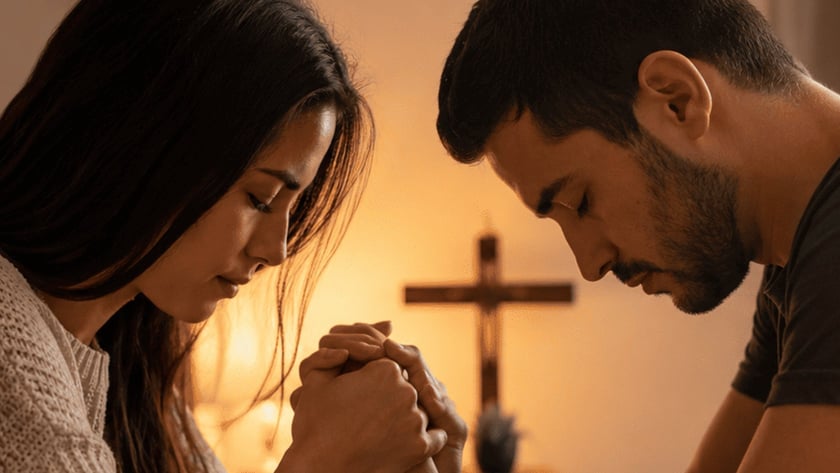 Mulher e homem de cabeça baixa, com as mãos unidas sobre uma Bíblia aberta, diante de uma cruz.