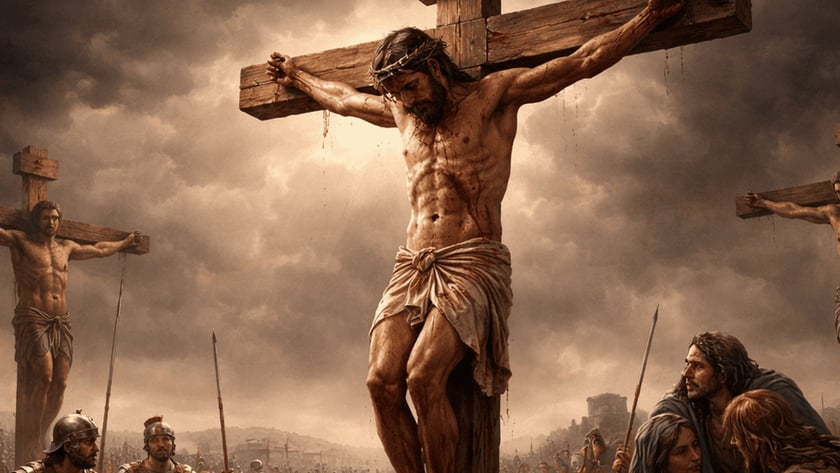 Homem coroado de espinhos crucificado entre dois outros