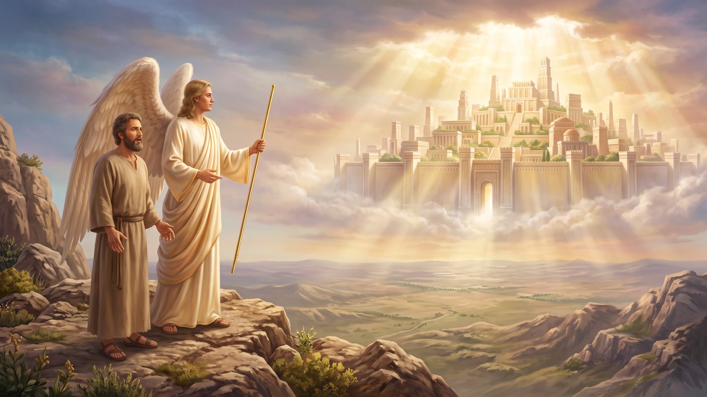 Um anjo com cajado aponta a um homem barbudo uma cidade murada e luminosa sobre as nuvens.