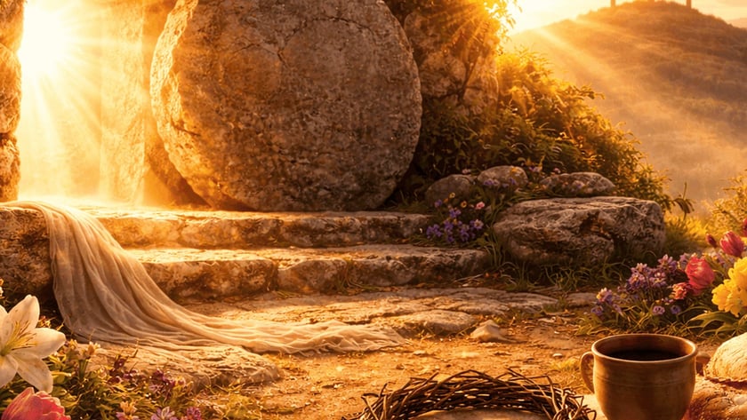 Tumba de pedra aberta ao amanhecer, com coroa de espinhos, cálice, pão e três cruzes ao fundo.