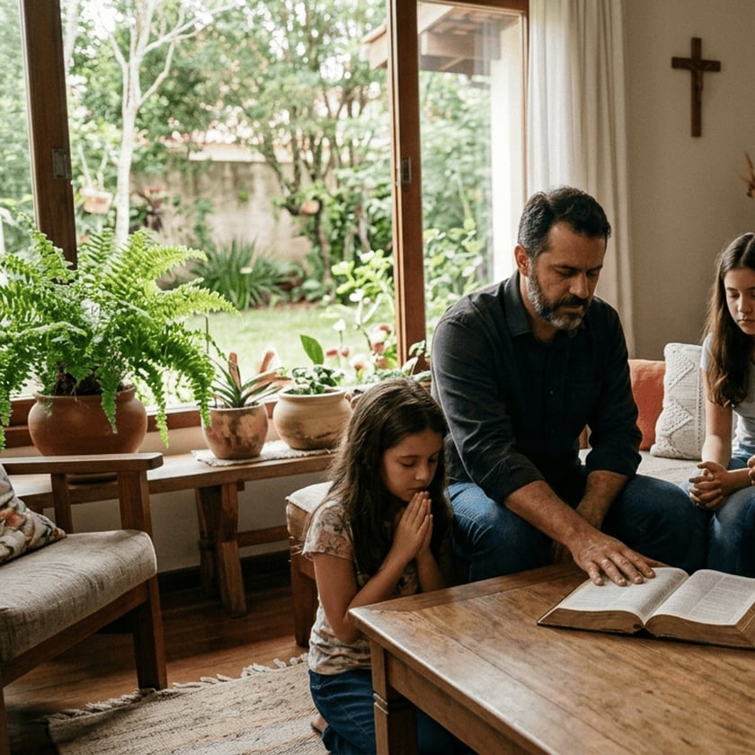 Pai e duas filhas rezam na sala, com uma Bíblia aberta sobre a mesa.