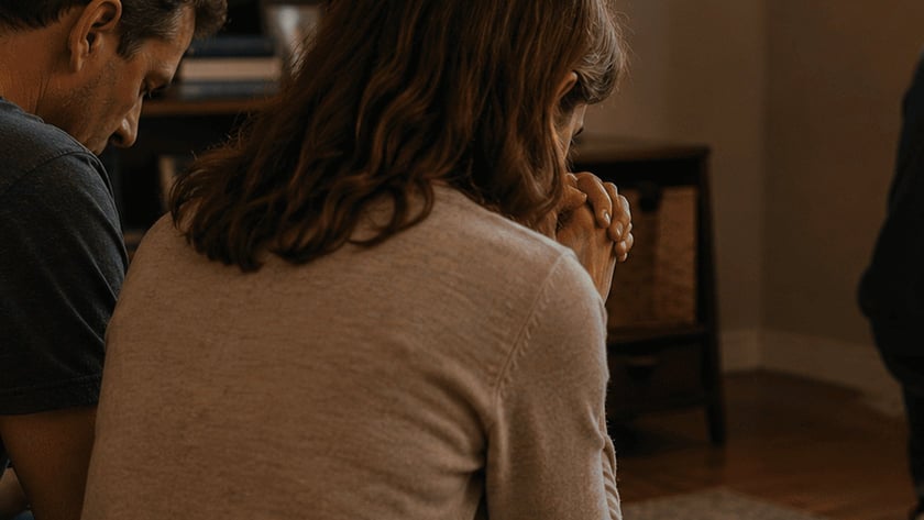 Mulher de mãos juntas em primeiro plano e pessoa de capuz sentada no sofá, de costas.