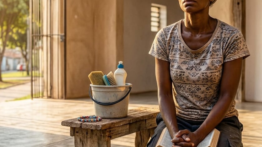 Mulher ajoelhada com as mãos unidas sobre uma Bíblia, ao lado de balde e pote de moedas.