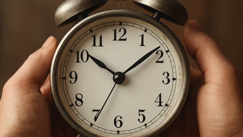Duas mãos seguram um despertador clássico de metal com dois sinos, marcando 10h08.