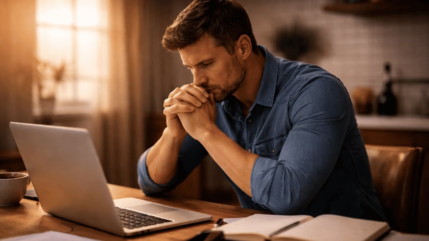 Homem de camisa jeans, com as mãos unidas junto ao rosto, sentado diante de um notebook.