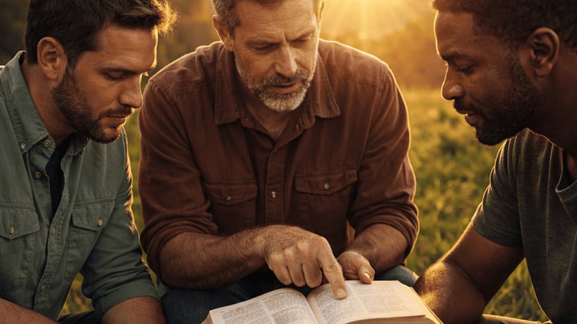 Três homens sentados ao ar livre leem juntos uma Bíblia aberta, em um campo ao pôr do sol.
