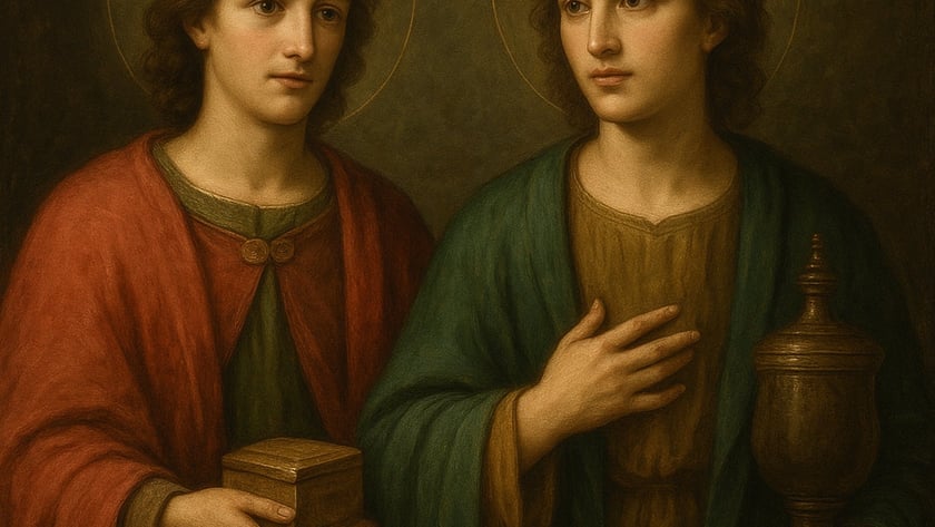 Dois jovens com auréolas, de manto vermelho e verde, seguram uma caixa e uma urna.