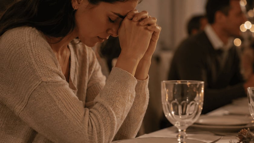 Mulher de cabeça baixa e mãos unidas à mesa de Natal posta, com pessoas ao fundo.