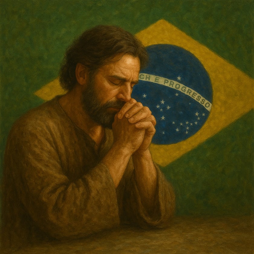 Homem barbudo de túnica marrom reza de mãos juntas diante da bandeira do Brasil: "PROGRESSO".