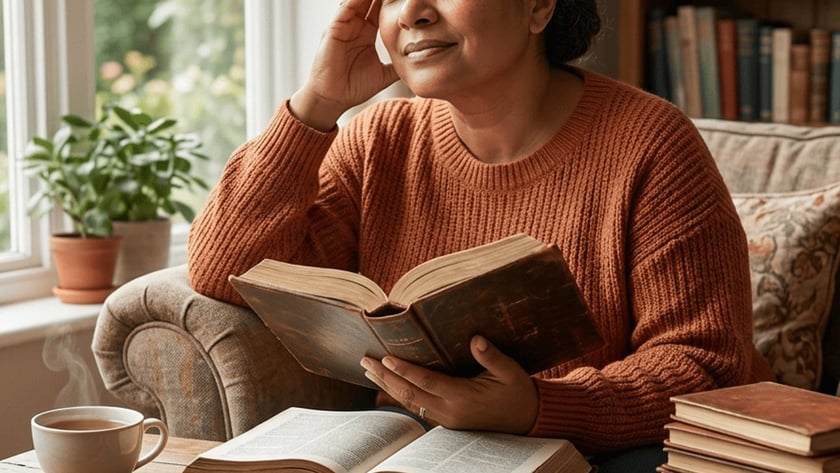Mulher de suéter laranja segura um livro e olha pela janela, ao lado de uma mesa com livros.