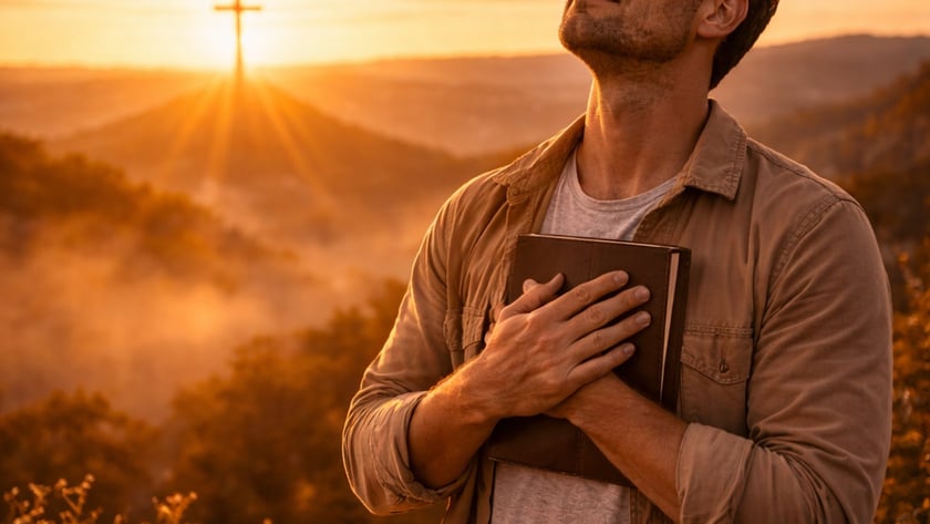 Homem de olhos fechados segura um livro junto ao peito, em um morro com uma cruz ao fundo.