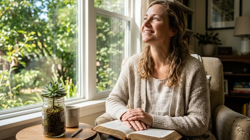 Mulher sorrindo em poltrona, com livro aberto no colo, olha pela janela.