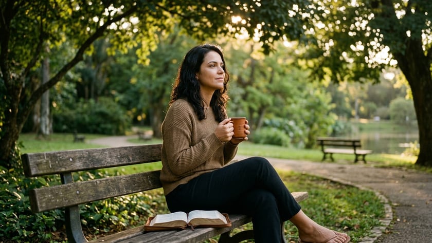 Mulher de cabelo escuro segura uma caneca em um banco de parque, com uma Bíblia ao lado.