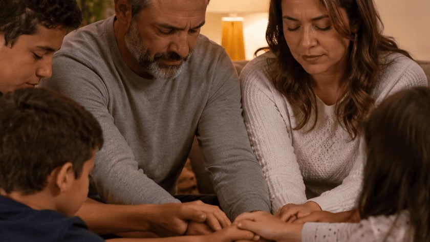 Família sentada na sala, de olhos fechados, com as mãos unidas sobre a mesa de centro.