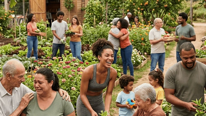 Pessoas de várias idades conversam, se abraçam e cuidam de plantas em uma horta comunitária.