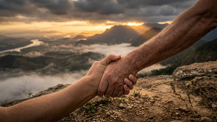 Dois braços apertam as mãos no topo de uma montanha, sobre vale com nuvens.