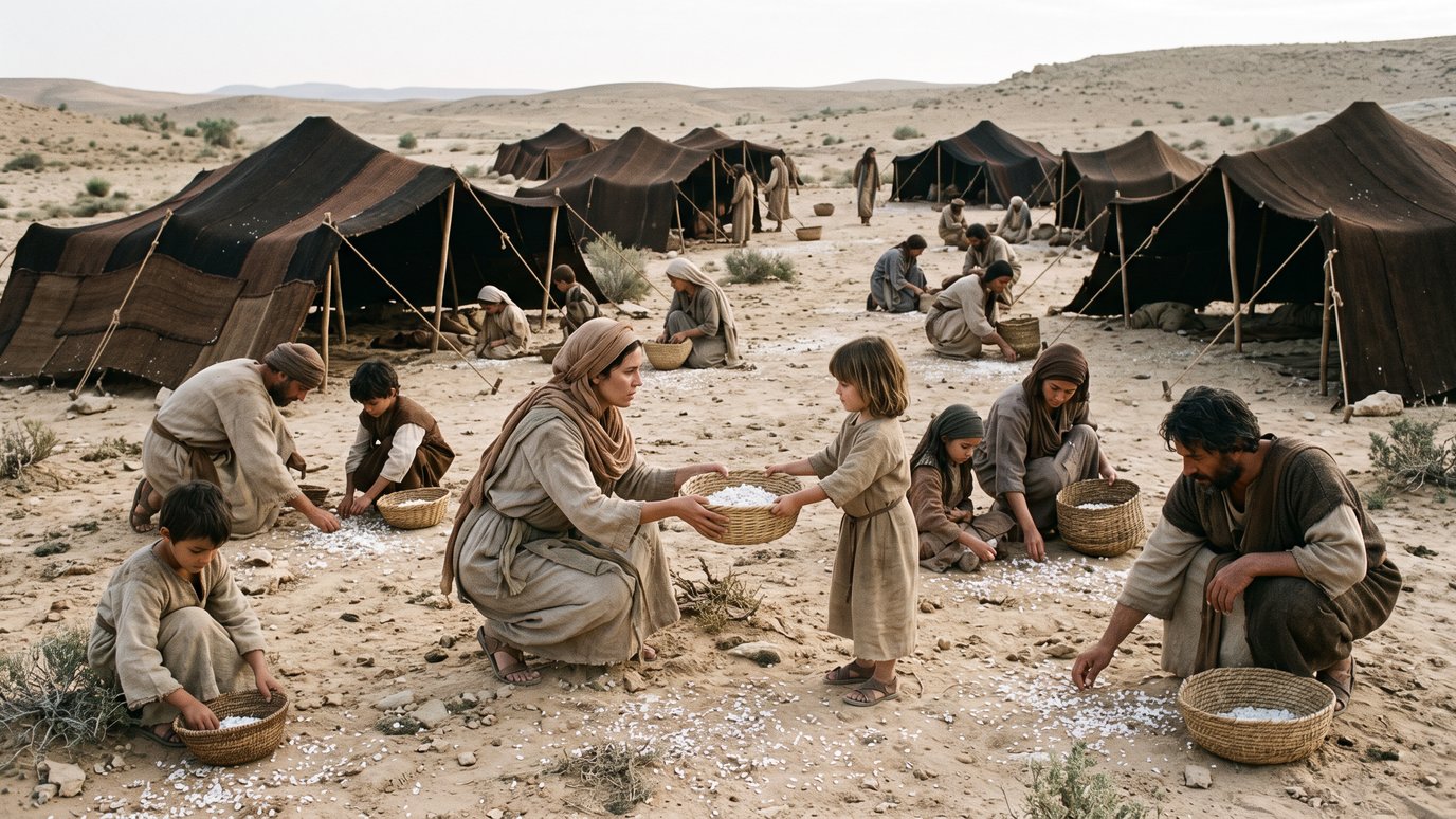 Famílias em túnicas recolhem grãos brancos do chão em cestos, junto a tendas no deserto.