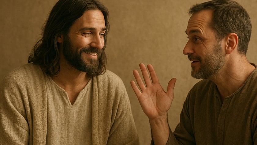 Dois homens sentados conversam e gesticulam, um de cabelo longo e barba, outro de barba curta.