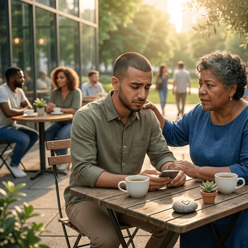 Mulher mais velha consola homem chorando com celular em mesa de café ao ar livre.