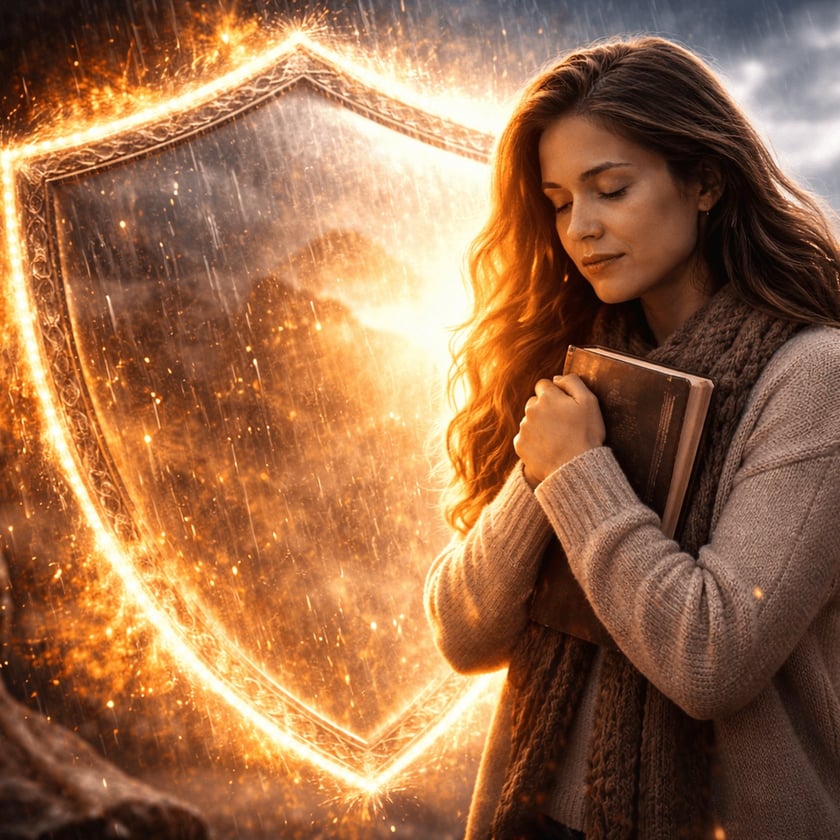 Mulher de cabelos longos e olhos fechados abraça um livro ao lado de um escudo flamejante.