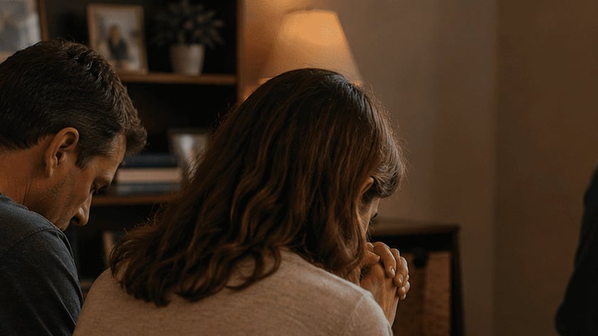 Mulher de mãos juntas em primeiro plano e pessoa de capuz sentada no sofá, de costas.