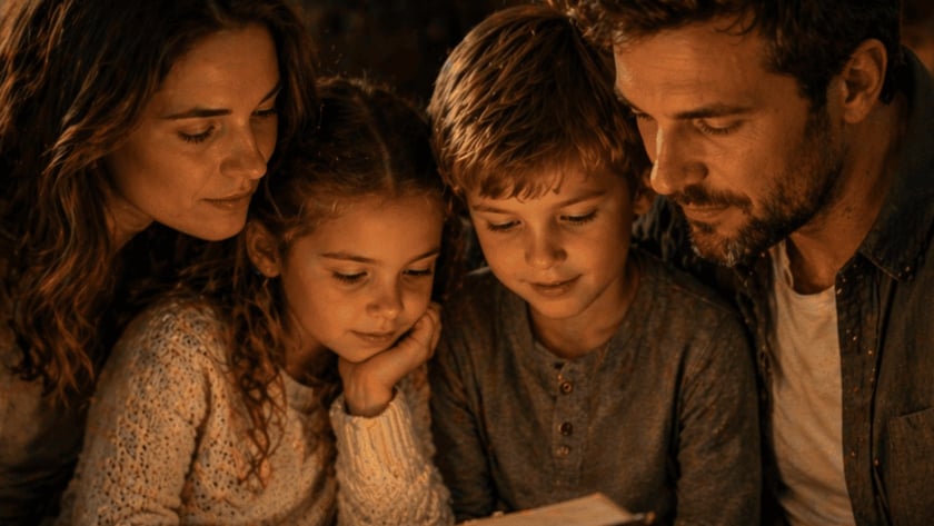 Família com dois filhos lendo juntos um livro grande no sofá, ao lado de uma luminária.