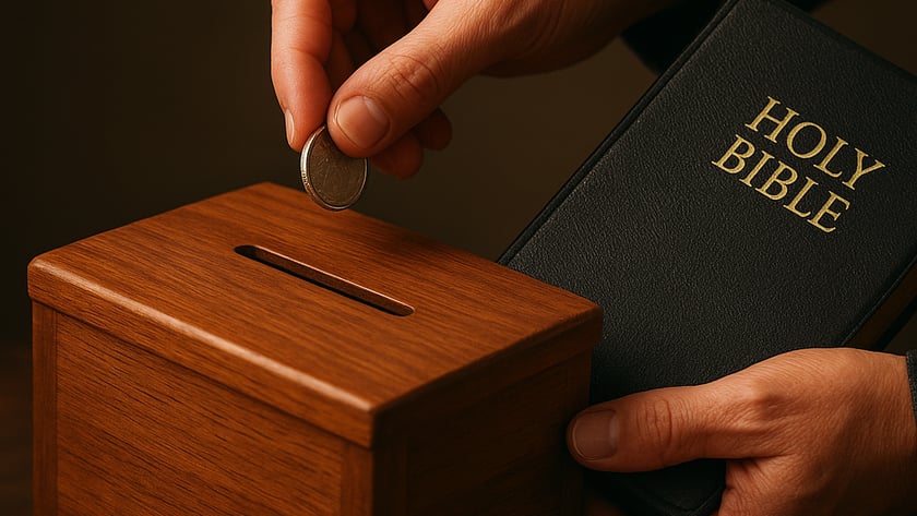 Mão coloca moeda em cofre de madeira, enquanto outra segura uma Bíblia: "HOLY BIBLE"
