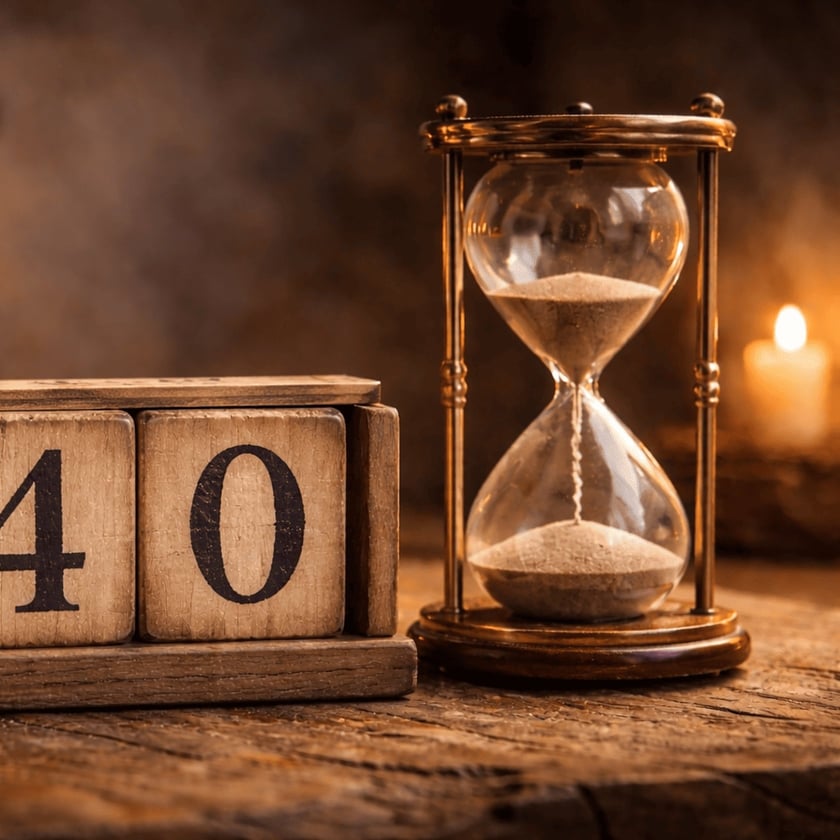 Ampulheta de latão ao lado de blocos de madeira com o número "40", sobre mesa rústica.