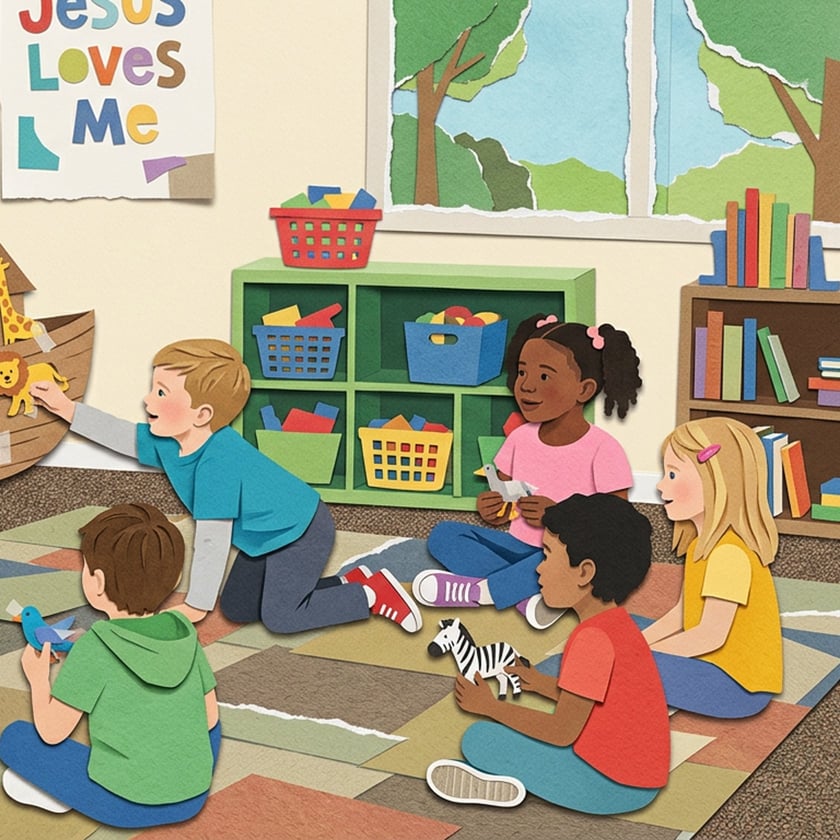 Crianças sentadas no tapete de uma sala de aula colocam animais numa arca; cartaz: "Jesus Loves Me".