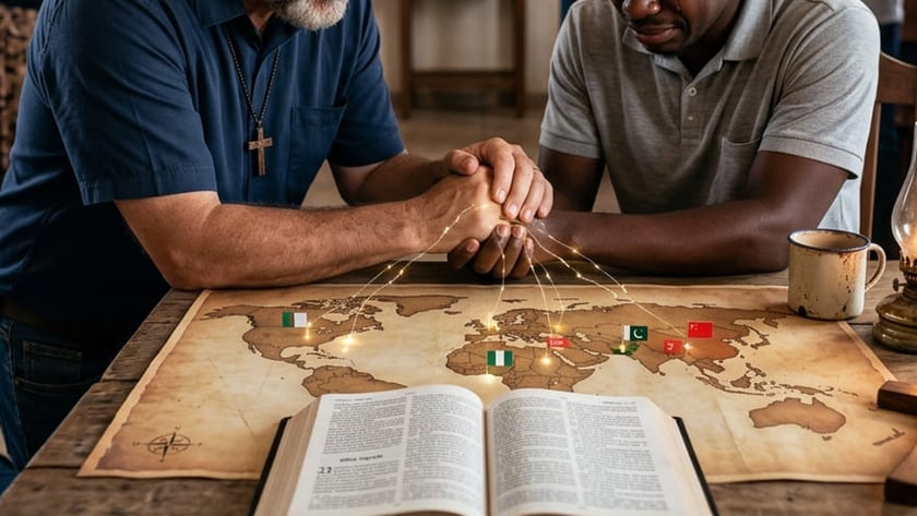 Dois homens de mãos dadas rezam sobre um mapa-múndi, com uma Bíblia aberta e pessoas ao fundo.