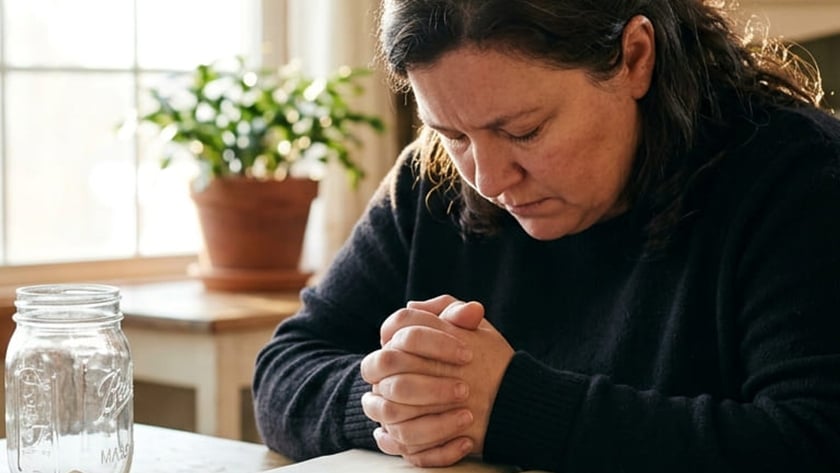 Mulher de cabeça baixa e mãos postas diante de uma Bíblia aberta, um pote de vidro vazio e dinheiro.