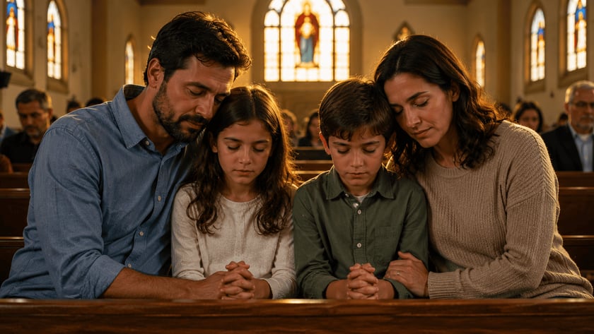 Família com pai, mãe e dois filhos reza de olhos fechados em um banco de igreja.