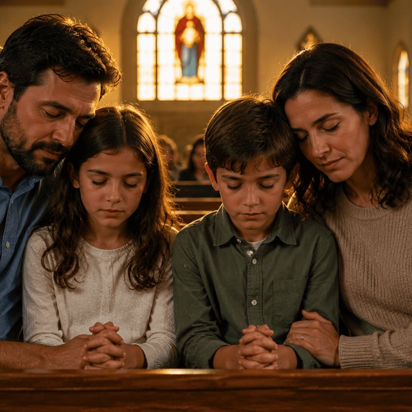 Família com pai, mãe e dois filhos reza de olhos fechados em um banco de igreja.